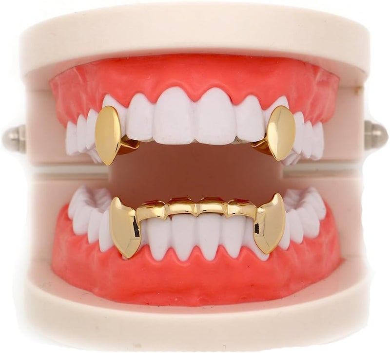 LuReen 14k Gold Vampire Dracula Teeth Grillz 2pc Single Fangs and 6 Bottom Grillz Set for Halloween Costume Cosplay - Image 1